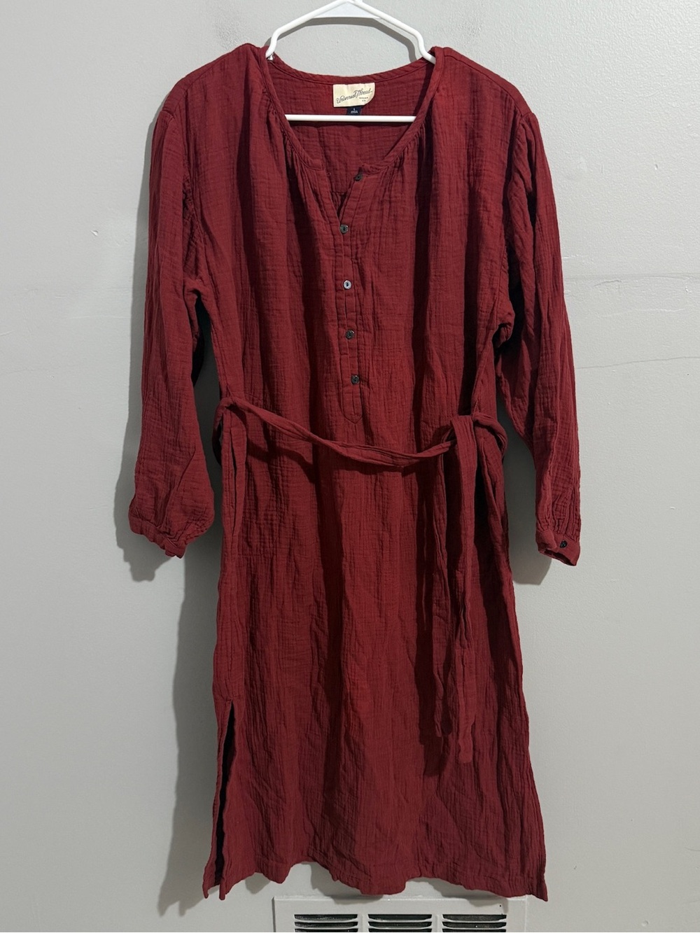 Universal Thread Dress Womens Large Gauze Midi Rust Belted Button Boho Popover